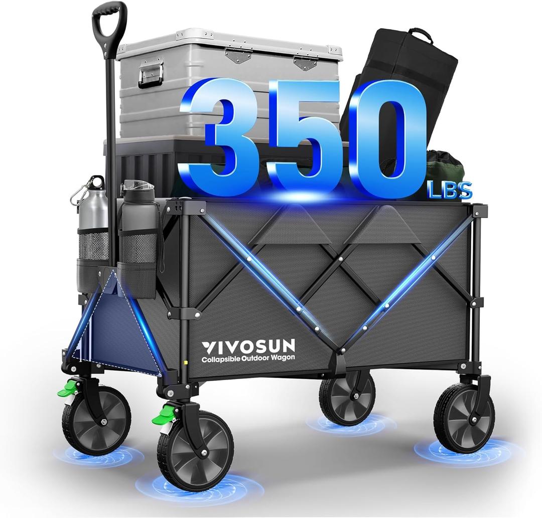 VIVOSUN Collapsible Folding Wagon, 350 lb Load-Bearing Outdoor Utility Cart with Silent Universal Wheels, Cup Holders &Side Pockets, Adjustable Handle, for Camping, Garden, Sports, Picnic, Shopping (Gray)