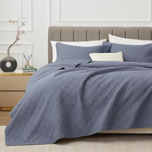 EXQ Home Quilt Set Full/Queen Size Blue 3 Piece,Lightweight Soft Coverlet Modern Style Squares Pattern Bedspread Set for All Season(1 Quilt,2 Pillow Shams) (02 Bluish Grey)