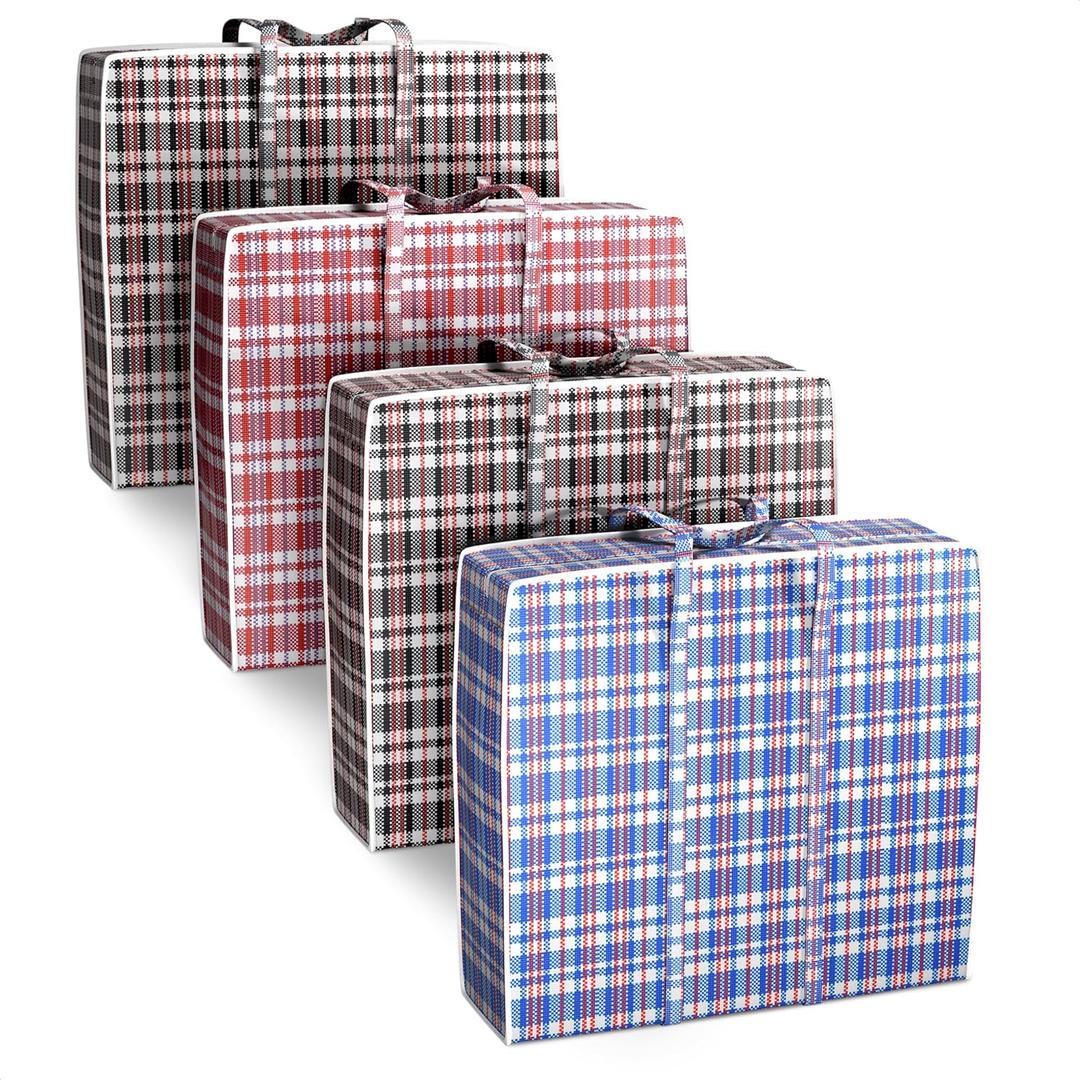 4 Pcs Large Laundry Bag with Handles  Large Moving Bags with Zippers  23.6 x 23.6 x 5.9 In (13 Gallons), Plaid Travel Bags for Clothes, Holiday Travel & Seasonal Storage | Moisture & Dirt Resistant