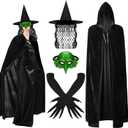 Jansun 4 PCS Halloween Witch Costumes, Hooded Cape Witch Hat Old Foam Goblin Half Face Eagle Nose Sorceress Mask Black Long Paw Gloves Cloak Horror Wizard Dress Up Halloween Cosplay Costume
