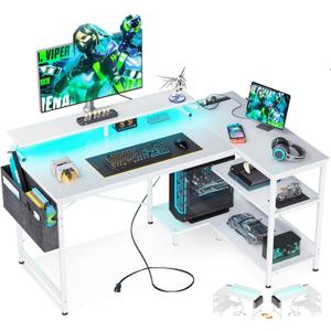 ODK 48 Inch Gaming Desk with USB Charging Ports and LED Lights, Reversible L Shaped Computer Desk with Storage Shelves & Monitor Stand, Corner Home Office Desk Table with Power Outlets, White (Pure White)