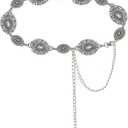 Western-Concho-Belt-Women Cowgirl-Metal-Belts Boho Silver Vintage Turquoise Chain Belt for Dress Jeans (Length 51.1" (29.5"+extended chain 21.6"))