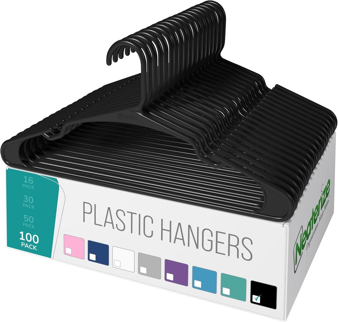NEATERIZE Clothes Hangers Plastic 100 Pack For Adults - Plastic Hangers, The Perfect Coat Hanger and Space Saving Clothes Hangers for Closet, Percheros Ganchos para Colgar Ropa Hangars - Black Hangers