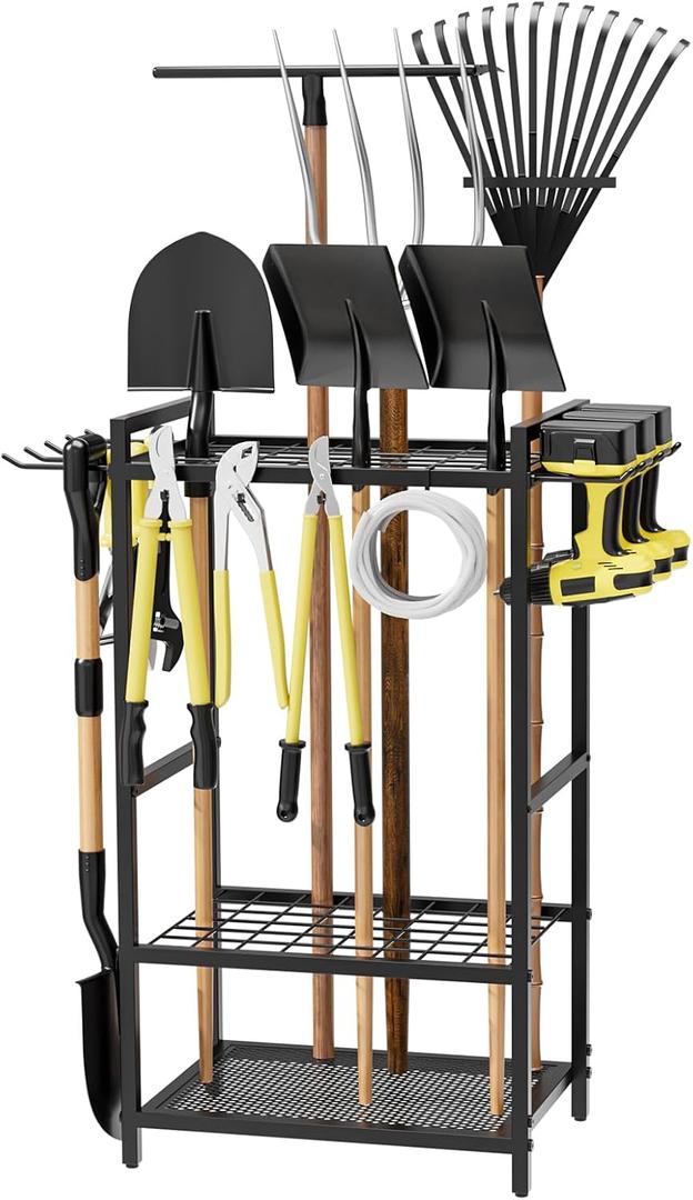 Homsorout Garden Garage Tool Organizer Yard Tool Organizer for Garage with 4 Hooks, Heavy duty Steel Garden Tool Rack Holds up to 48 Long Handled Yard tools for Storage