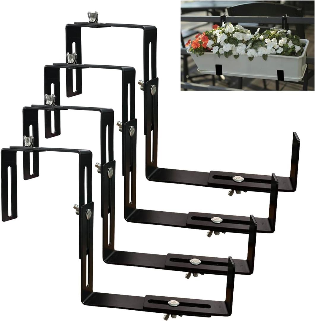 Adjustable and Detachable Planter Box Brackets, Flower Pot Bracket,Hanging Flower Box Bracket, Window Flower Box Bracket, Suitable for Fences, Window Sills, Gardens, etc (Black,4PCS)