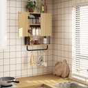RUSTOWN Farmhouse Bathroom Wall Cabinet with 2 Door, 3-Tier Curved Profile Wooden Medicine Cabinet, Wall Mounted Storage Cabinet with Adjustable Shelf and Towel Bar (Natural, Small)