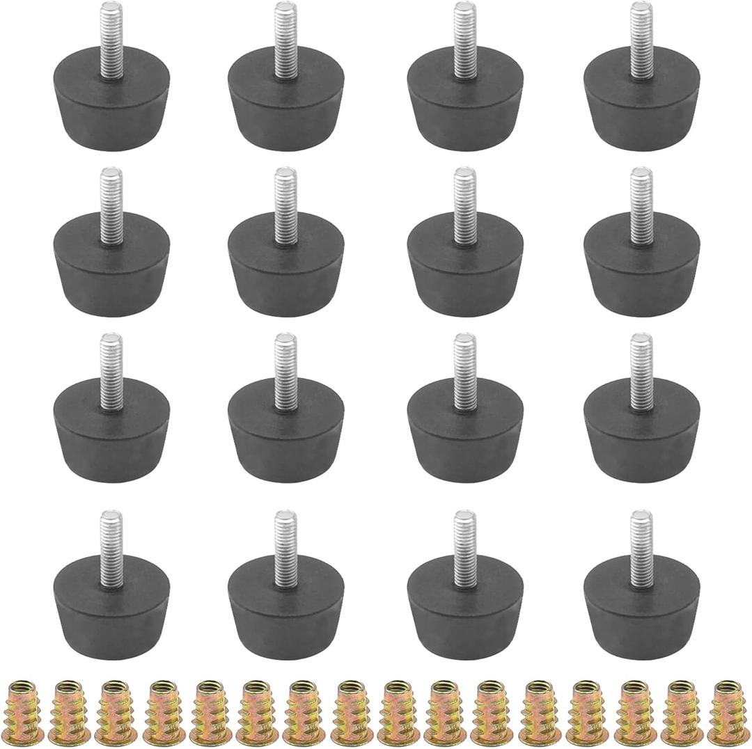 16Pcs M6x20 Medium Hard Rubber Bumper Feet with Screw-in Nut for Furniture Glide Leveling Floor Protector