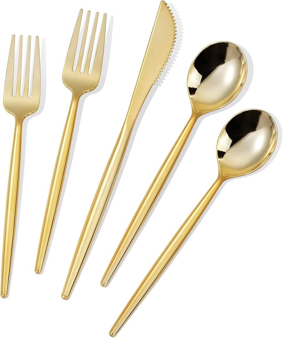 MirthMood 60 PCS Gold Plastic Silverware,Gold Disposable Utensils, disposable silverware heavy duty, 20 Forks, 20 Spoons, 20 Knives, Perfect for Party, Wedding and Daily Use