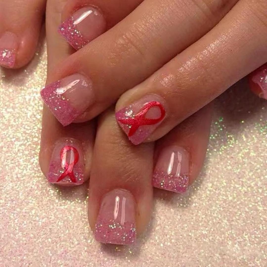 Pink French Tip Fake Nails - 24 Pcs, Short Square Shape, Pink Ribbon Designs, Glitter, Full Cover, Glossy Finish, Glue On, Acrylic Nails for Women & Girls (s29)