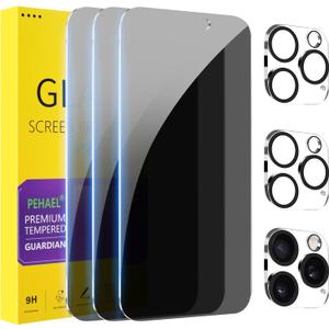 PEHAEL 3+3Pack for iPhone 16 Pro Max Privacy Screen Protector with Camera Lens Protector Full Coverage Anti-Spy Tempered Glass Film 9H Hardness Easy Installation Bubble Free [6.9 inch]
