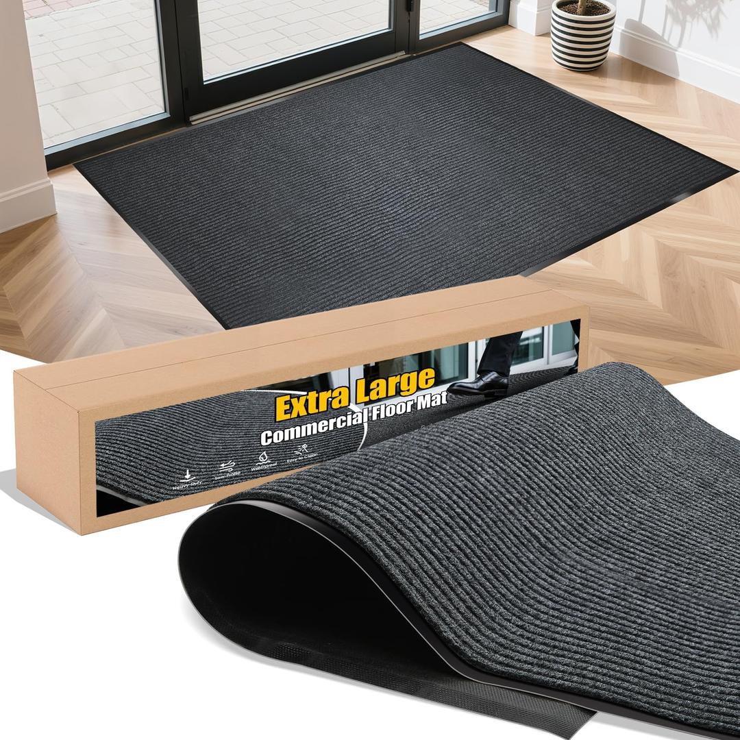 Extra Large Indoor/Outdoor Entrance Mat - 4 x 5 Feet, Rubber Border Door Mat Heavy Duty, Waterproof, Low-Profile, Easy to Clean, Rubber Entry Mat,Commercial Floor Mat, Charcoal Grey