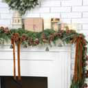 6 FT Christmas Cedar Garlands Decoration Realistic Cedar Greenery with Pine Cone Bell Garlands and Velvet Bows Christmas Holiday Decor for Xmas Holiday Mantle Fireplace Table Wall