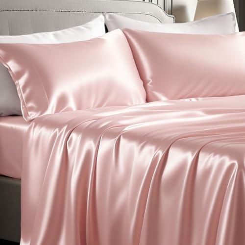Bedsure Pink Satin Sheets Queen Size - 4 Piece Silky Bedsheets with 15 Inches Deep Pocket Fitted Bedsheet,1 Flat Sheet, 2 Satin Pillowcases, Good for Hair & Skin (Queen, Peach Pink)