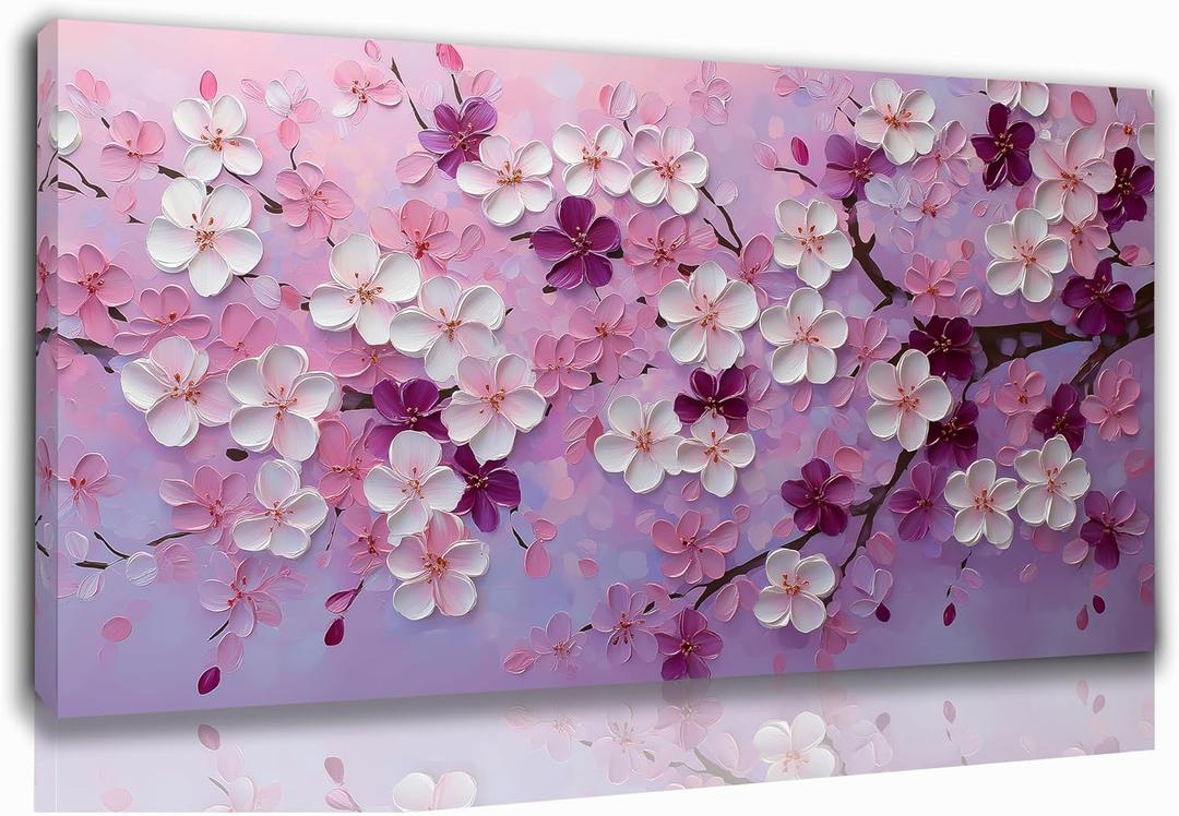 Tarfupth Pink Flower Wall Art for Living Room Large Tree White Botanical Canvas Prints for Bedroom Office Girls Room Office Home Decor 20x40 Inch, 20L" x 40W"