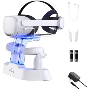 NexiGo Enhanced Charging Dock with LED Light [On/Off] for Oculus Quest 2, [Support Elite Strap with Battery], Headset Display Holder and Controller Mount, 2 Rechargeable Batteries, USB-C Charger