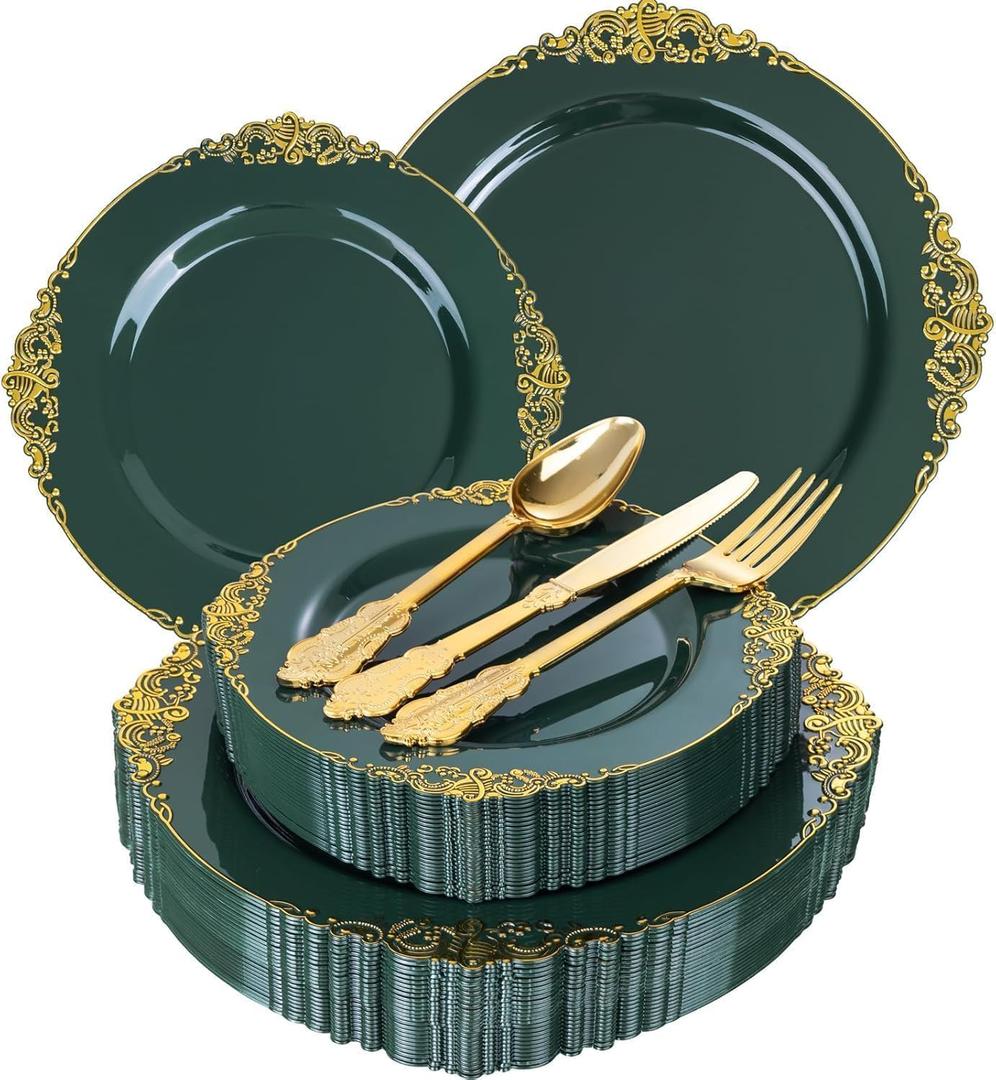 125PCS Green Plastic Plates - Green and Gold Disposable Plates - Fancy Vintage Plate with Gold Plastic Silverware Set for 25 Guests for Party Wedding Spring