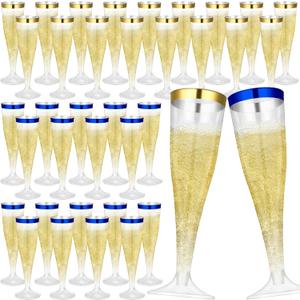 36 Pcs Plastic Champagne Flutes 4.5 oz Clear Toasting Glasses Cocktail Cup Wine Disposable Champagne Glass for Wedding Graduation Summer Birthday Party (Blue,Gold)