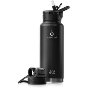 IDEUS Insulated Stainless Steel Water Bottle with 2 Leak-Proof Lids, Thermal Water Flask for Hiking Biking, 40oz, Black