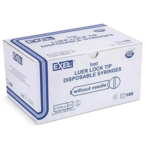 1mL Luer Lock Syringe, Sterile, Individually Wrapped, No Needle (Box of 100)