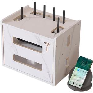 Wooden Router Shelf, Desktop WiFi Router Storage Box Modem Rack Cover Power Strip and Cable Management Hider Organizer for Office and Home (White)