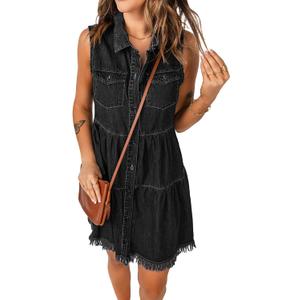 luvamia Women's Summer Sleeveless Denim Dress Button Down Knee Length Dress Faded Black Size Medium fits Size 8-10