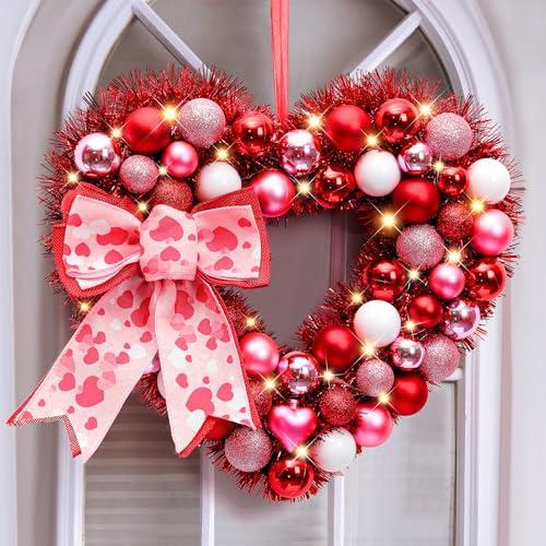 Alupssuc 14" Inch Valentine Heart Wreath with Bowknot and Lights by Battery Operated for Front Door Wall Windows Valentine's Day Wedding Party Romantic Decorations, Gifts for Her/Him/Women/Men, Red