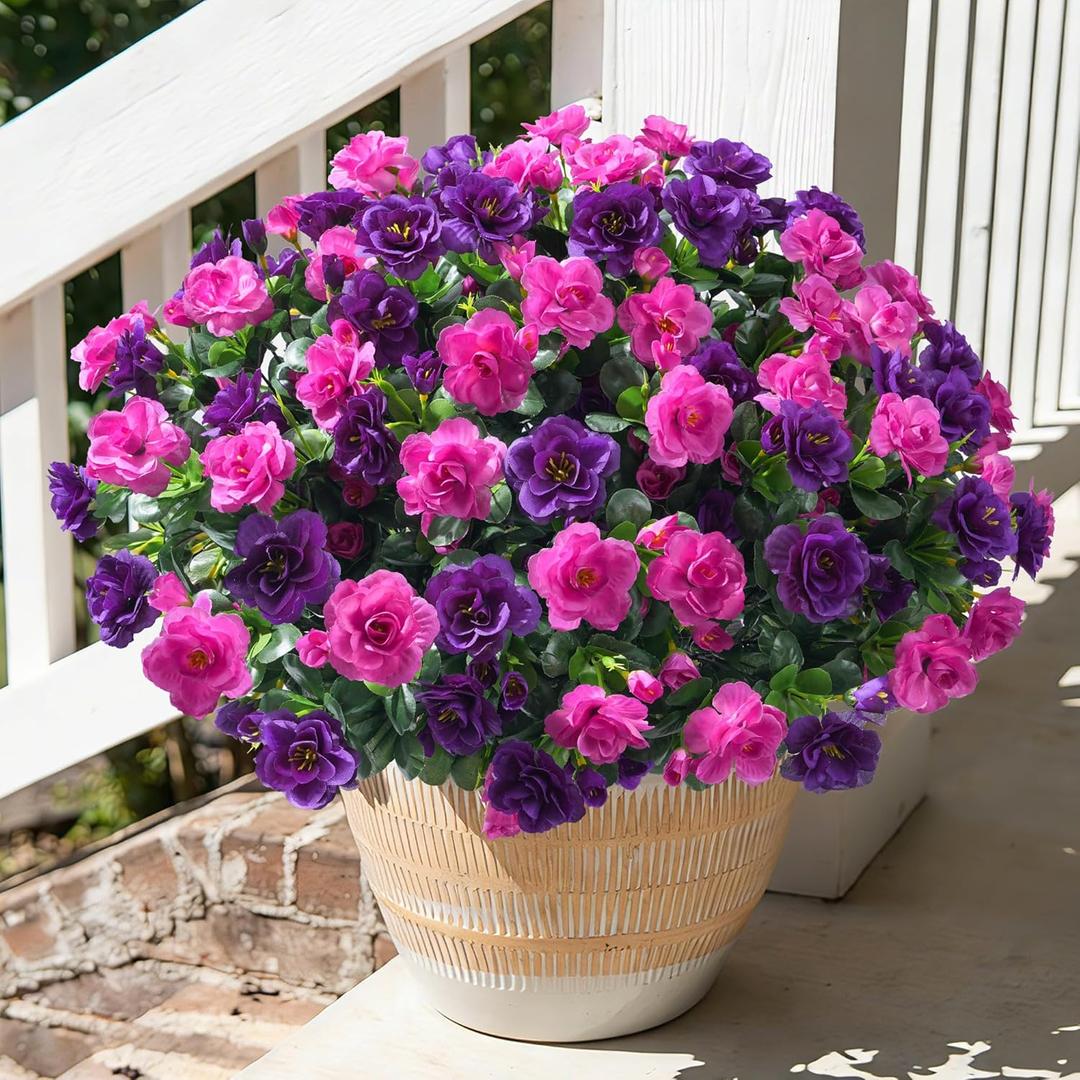 Artificial Faux Outdoor Flowers Plants for Spring Summer Decoration, Fake Silk Camellia UV Resistant Look Real for Planter Outside Front Door Porch Patio Balcony, 3 Large Bundles (Purple+Fuchsia)