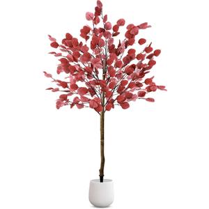 Lunmon 1 Pack Eucalyptus Artificial Tree, 4ft Faux Fall Tree with Spike, Christmas Decorations for Home Porch, Realistic Leaves Plant Decor for Outdoor Indoor,Without Vase (Dark Red)