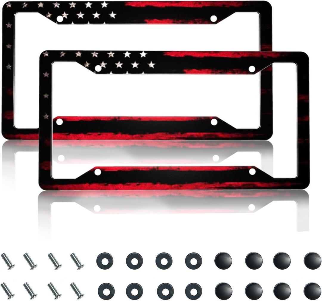 License Plate Frame 2 Pack Front Rear Aluminum Metal Rust-Proof Universal Car Tag Frames Holder with 4 Holes Car Decor Accessory with Screws for Men Women - Black Red American Flag