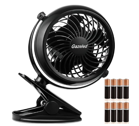 Gazeled Clip on Fan Battery Operated, 360° Rotation, with 8 Free AA Batteries, Quiet USB or Battery Operated Fan, Powered Clip on Fans for Camping, Stroller, Bedroom, Outdoor