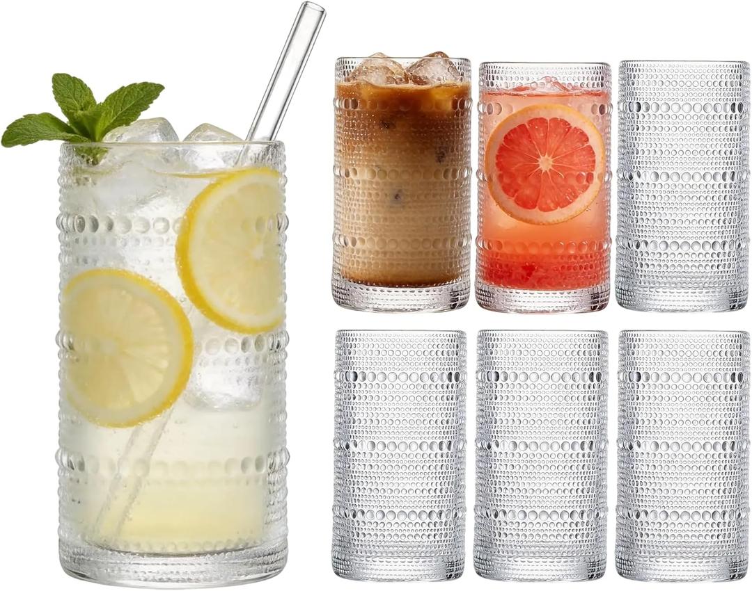 Large Hobnail Drinking Glasses Set of 6, 16oz Clear Highball Glasses Embossed Boho Water Glass Cups, Kitchen Bar Tumbler Glassware for Cocktail, Juice, Whiskey, Milk and Various Mixed Drinks