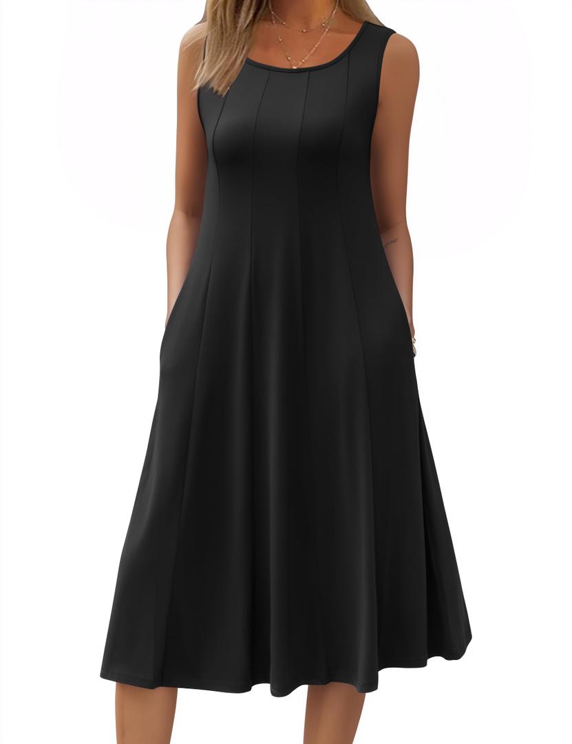 HOTOUCH Summer Casual Dresses for Women Sleeveless Midi Dress Swing Tank Sundress Pleated Tshirt Dress with Pockets, Black, Size 2XL
