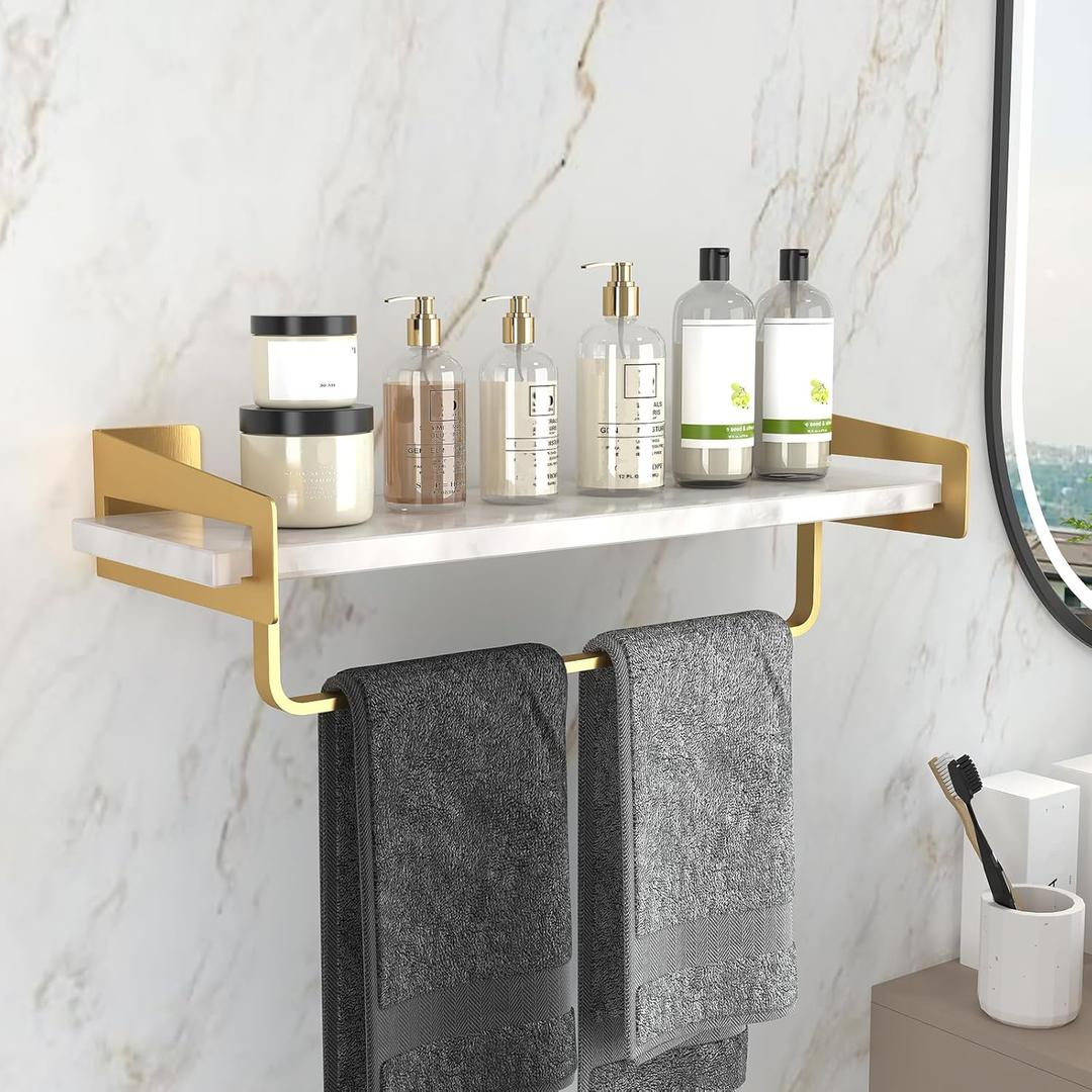 Marble Bathroom Shelf with Towel Bar, 16" Metal Floating Shelf Wall Mount for Bathroom Wall Shelf, (Gold)