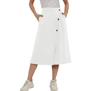 CHARTOU Women's Summer Linen Elastic Back Buttoned Swing Midi A Line Skirt (White, XL)
