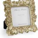 Cuspin 4x4 Gold Picture Frame, Vintage Gold Photo Frame Square with Glass Front, Resin Palm Leaves Textured Picture Frames for Wall Hanging and Tabletop Display Retro Home Decor (Feather Petal Gold)