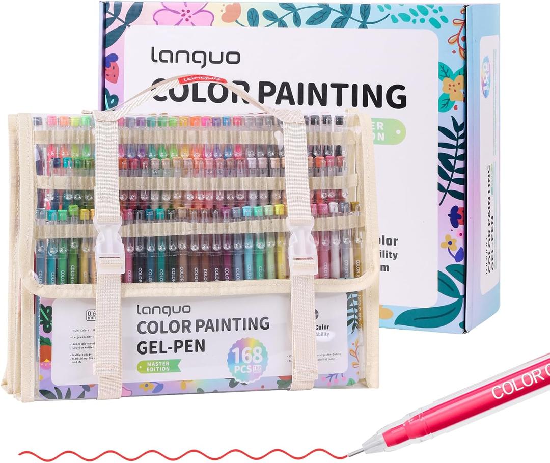 languo 168 PCS Gel Pens for Colouring, 162 Colors Gel Coloured Pens Set with Travel Case, Perfect Gel Pens for Adult Drawing Doodling Journaling, Art Supplies and DIY Crafts