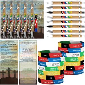 Sayglossy 36 Sets/144 Pcs Father's Day Christian Gifts for Men Bulk Religious Gift Set with Bible Verse Pens Salvation Silicone Bracelets Roman Road Cards for Dad Pastor Church Ministry (Bamboo)