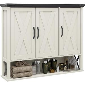 Halitaa Bathroom Wall Cabinet, Farmhouse Medicine Cabinet with Adjustable Wood Shelf & 3 Doors, Over The Toilet Storage Cabinet for Wall Mounted for Bathroom Laundry Room Kitchen, White and Black