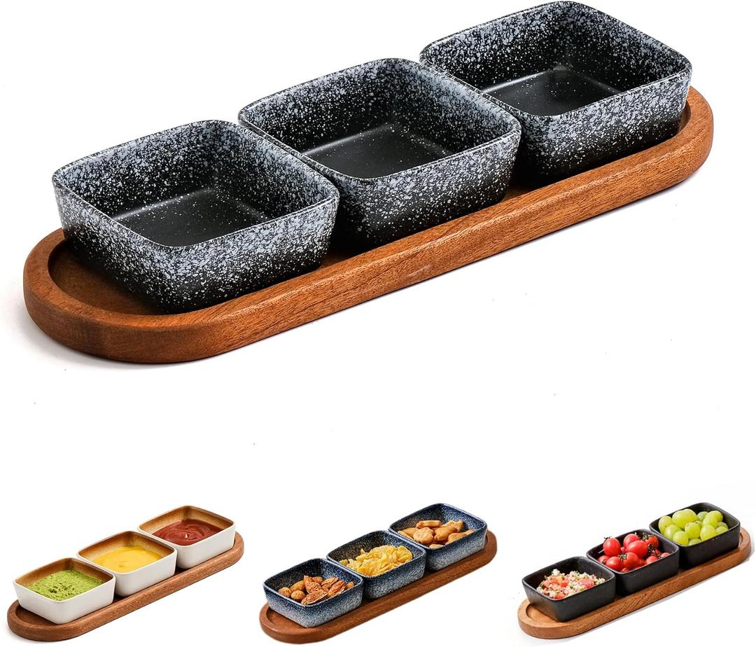 Chip and Dip Serving Set, Ceramic Dipping Sauce Bowls with Wooden Tray, 3.5 inch Side Dishes Set of 3 for Entertaining, Party, Buffets, Appetizers, Snacks and Sushi, Snowflake