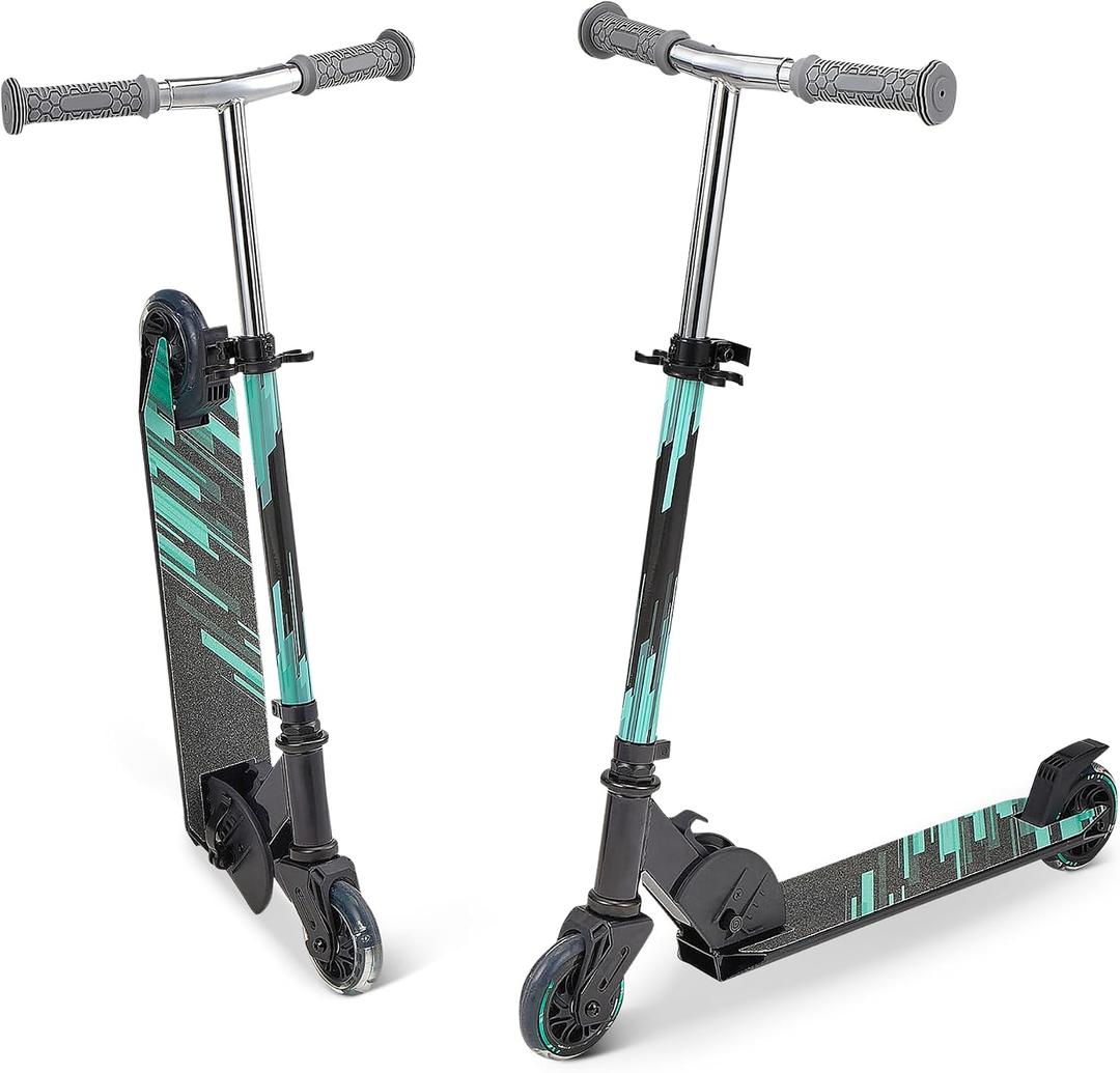 Amazon Basics Kids Kick Scooter, Foldable, Light Up Wheels, Adjustable Handlebar, Aluminum Frame, 3.9-Inch Wheels, Black/Teal