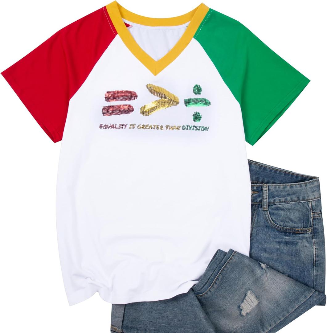 Juneteenth Shirts Women African American Freedom T-Shirts Equality is Greater Than Division V-Neck Tee Tops (Large)