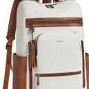 Shrrie Upgraded Large Travel Laptop Backpack with Laptop Compartment Fits 17 inch Laptop, Waterproof Vegan Leather Computer Backpack for Women and Men Work Business College (Beige With Brown)