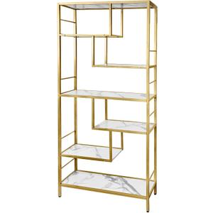 AT-VALY 6 Tier Bookcase Bookshelf, 72.4”Tall Modern Freestanding Bookshelf with 6 Shelves, Faux Marble Open Display Storage Book Shelves for Living Room Bedroom Home Office (Gold)