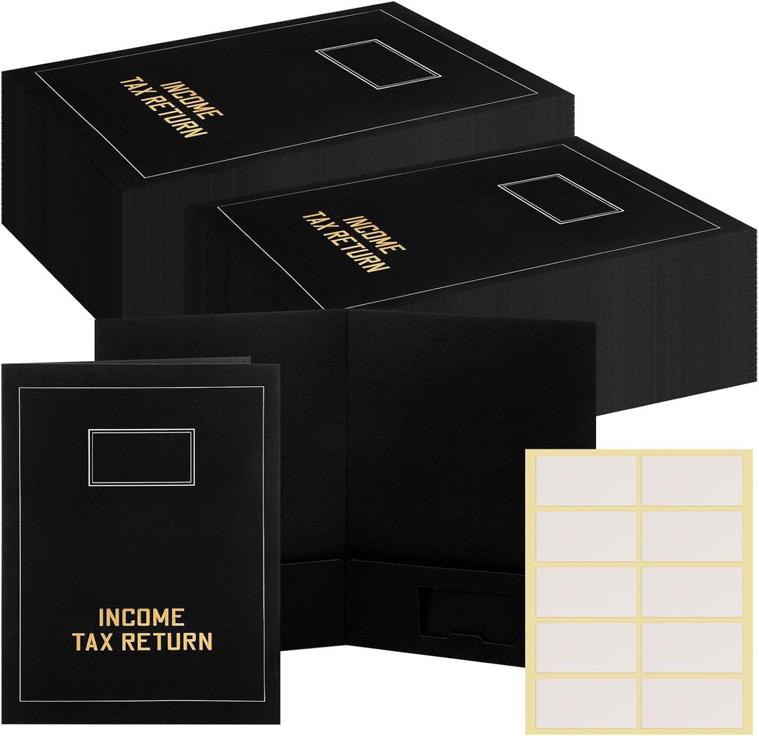 Kisston 50 Pcs Tax Return Folders Bulk 2 Pocket Gold Foil Stamped Income Tax Folders with Labels Business File Office Blank Organizer (Black)