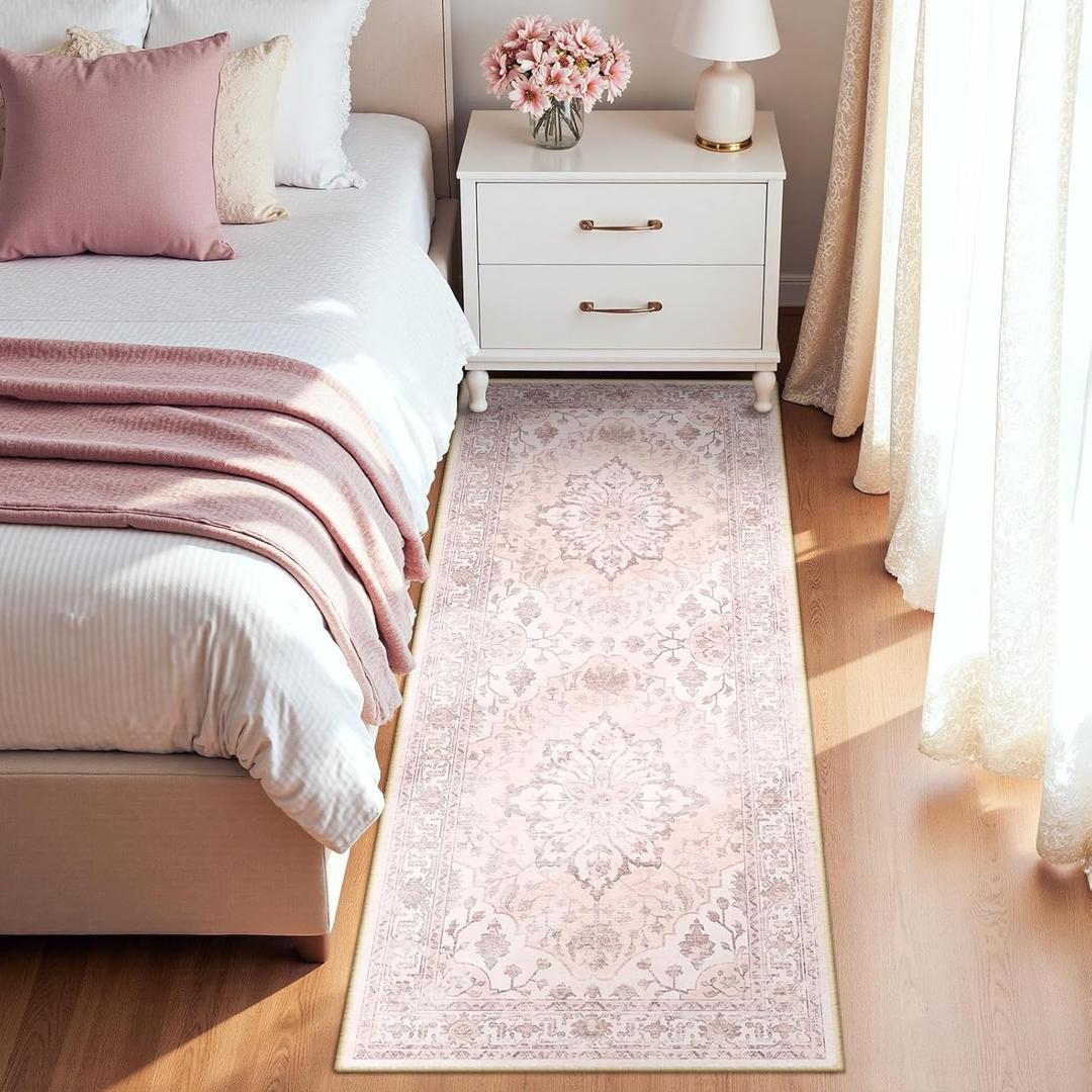 RELEANY Area Rugs 2'x6' Runner Rug Non Slip Washable for Kitchen Hallway Bedroom Beside Laundry Room Bathroom Rug, Floor Carpet, Pink Greypink Cute