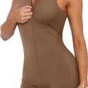 REORIA Women's Jumpsuits Sleeveless Bodycon Womens Rompers for Summer Zip up Workout Rompers Tummy Control Shorts Bodysuit (Medium, Brown)