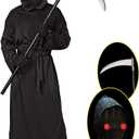 Lomesion Grim Reaper Halloween Costume with Glowing Red Eyes for Kids, Scythe Included 150