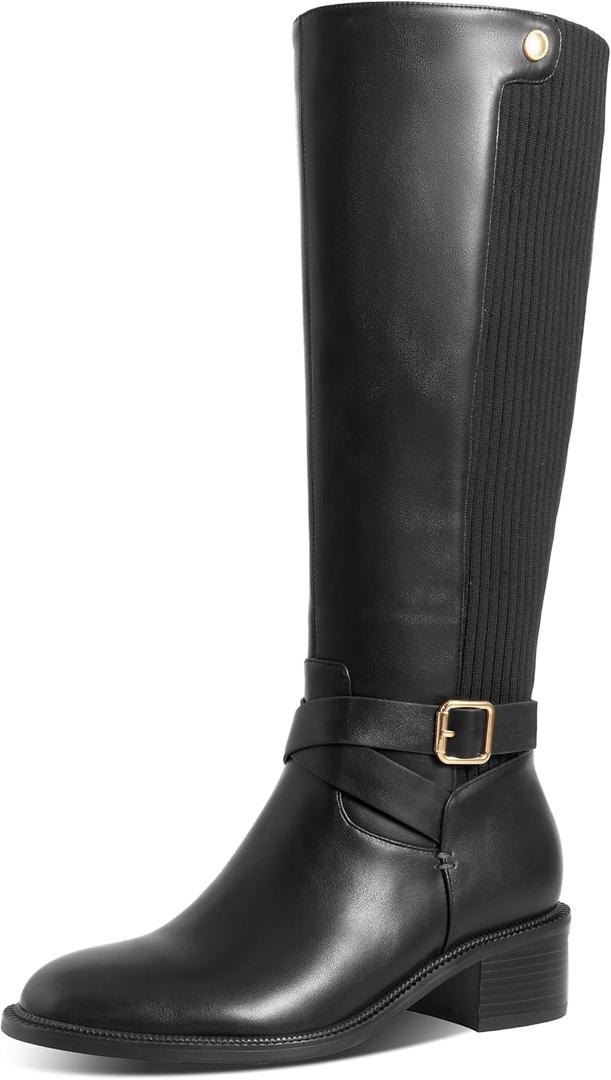 Women's Knee High Boots Round Toe Chunky Block Heel Comfortable Long Tall Boots for Women Side Zipper Elastic Casual Fashion Riding Boots (7, Black)