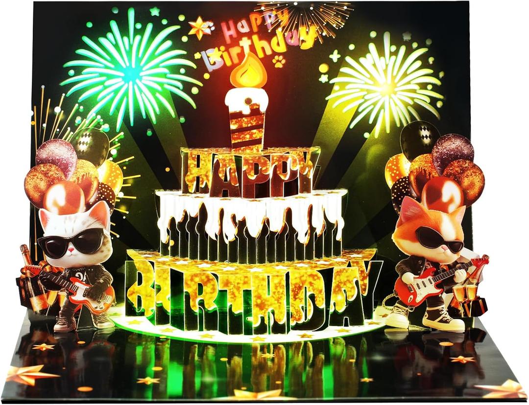 Musical Birthday Cards, Cool Cat Light & Blowable Candle Funny 3D Pop up Happy Birthday Card Gift for Men Boyfriend Husband Son Kids