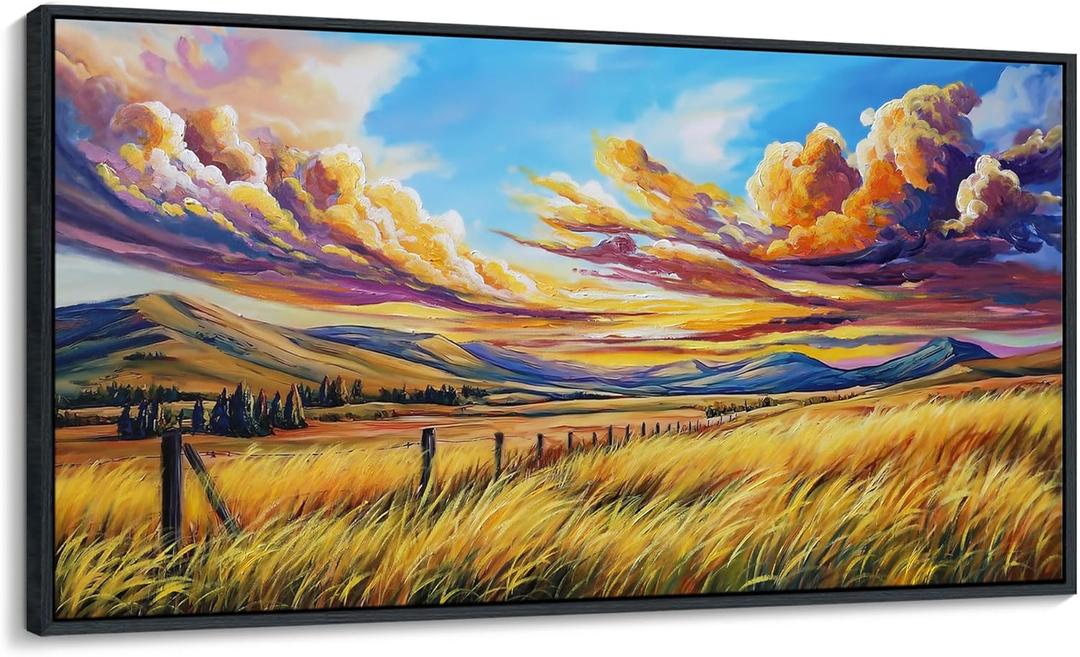 QZQCBLC Large Wall Art Living room, Golden Wheat Fields Mountain Clouds Fall Landscape Blue Oil Paintings Artwork for Bedroom Home Kitchen Office Wall Pictures Framed Decor 24x48 IN